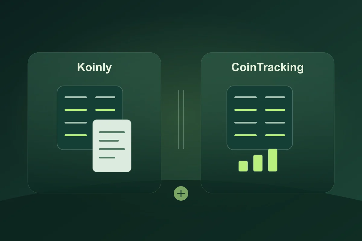 שני לוחות רשומות: מסמך לצד Koinly ועמודות לצד CoinTracking