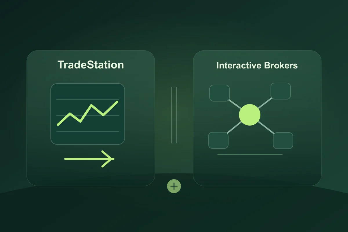שני לוחות עם שמות TradeStation ו־Interactive Brokers: גרף וחץ מול צמתים מחוברים